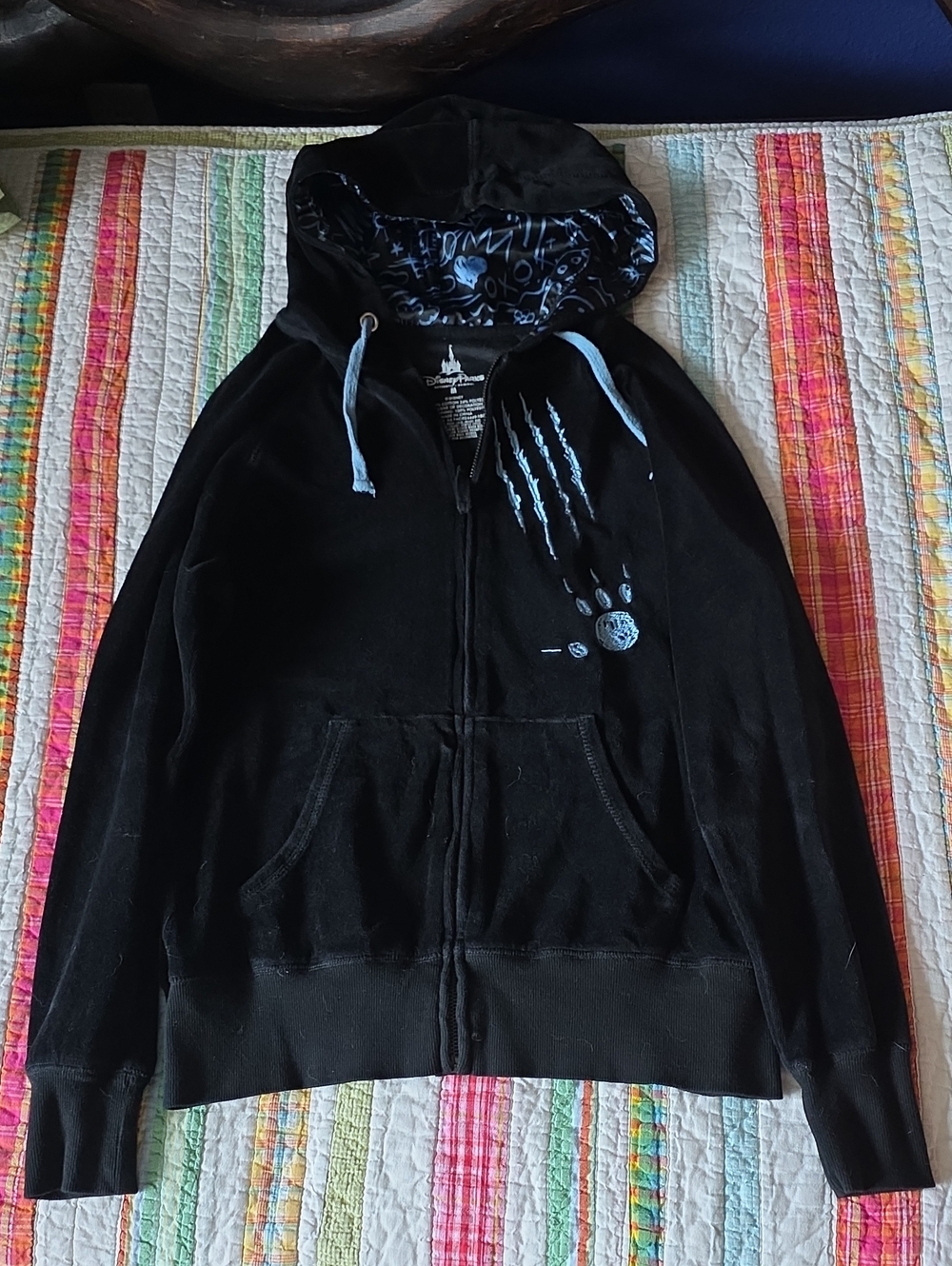Disney Parks Stitch Black Velour Zip Up Hoodie with Blue Accent Size M